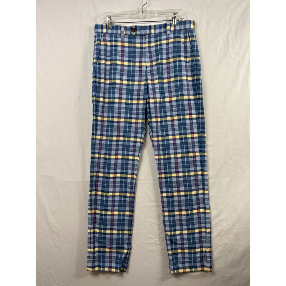 Brooks Brothers Chino Pants Mens 32x32 Blue Yellow Plaid Clark Fit Cotton Pants